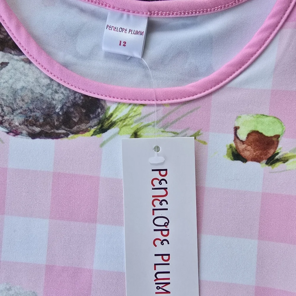 NWT Penelope Plumm Pink/Blue Bunny/Easter Ruffle Dress Size 12